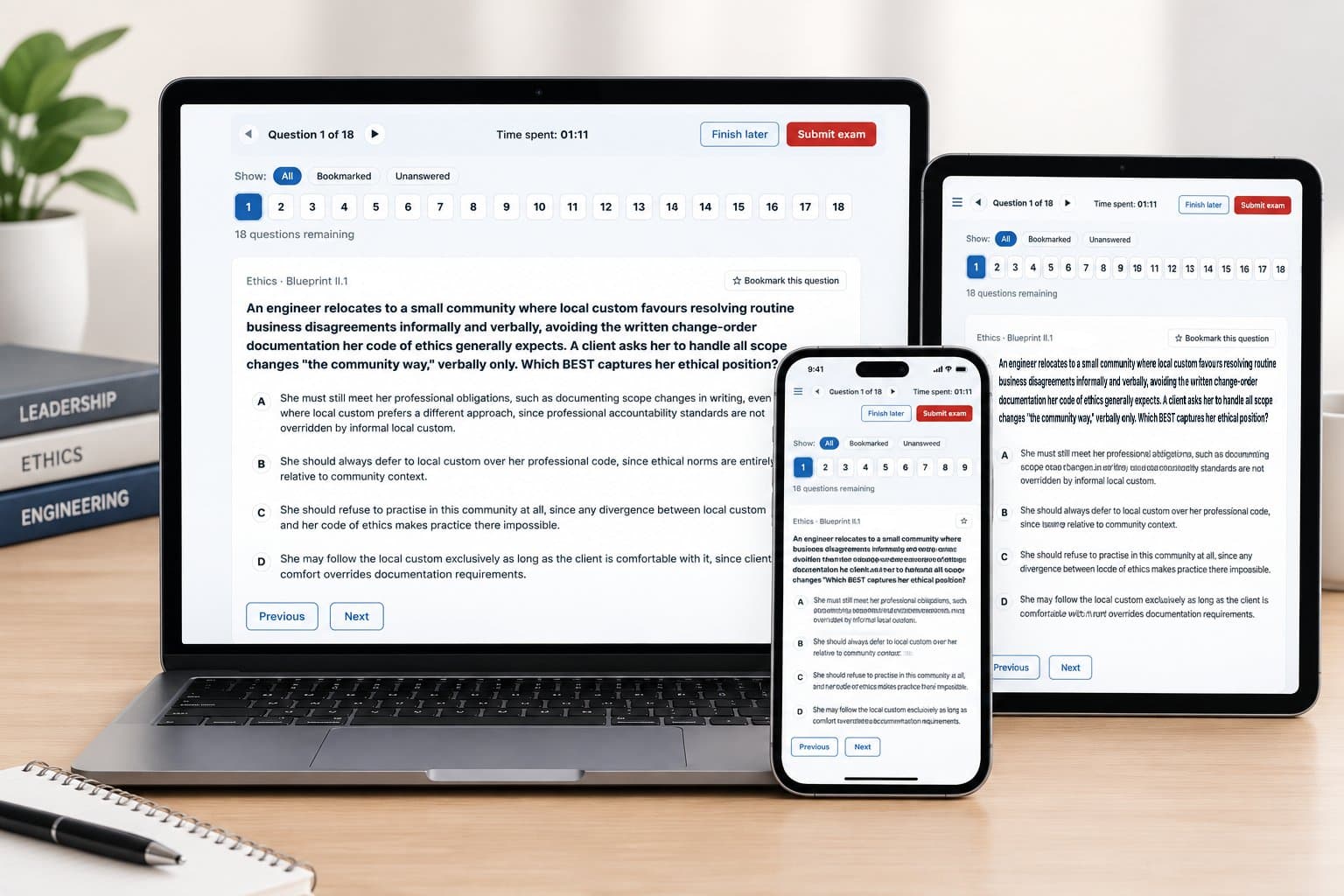 The practice exam shown on a laptop, tablet, and phone