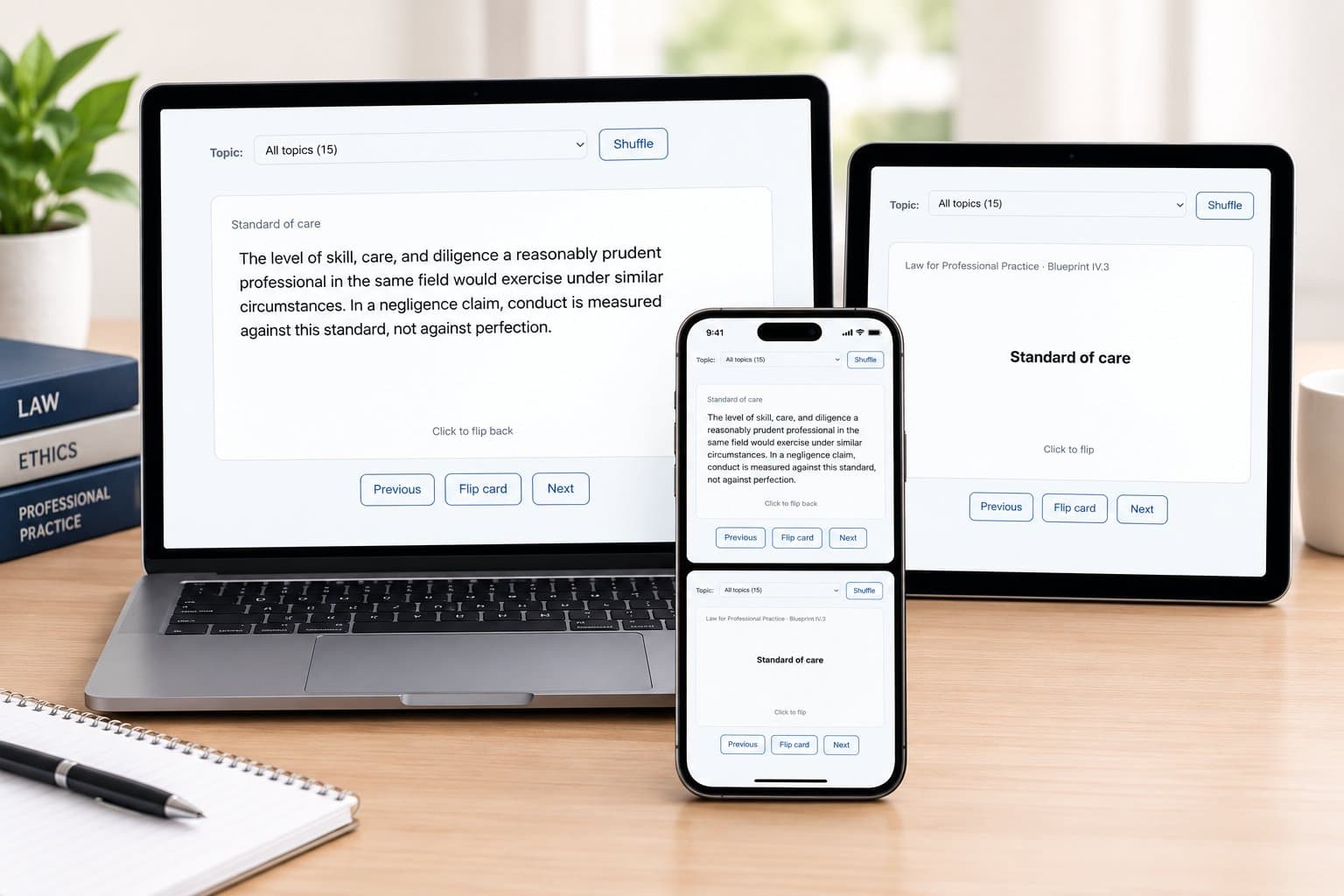 Flashcards shown on a laptop, tablet, and phone