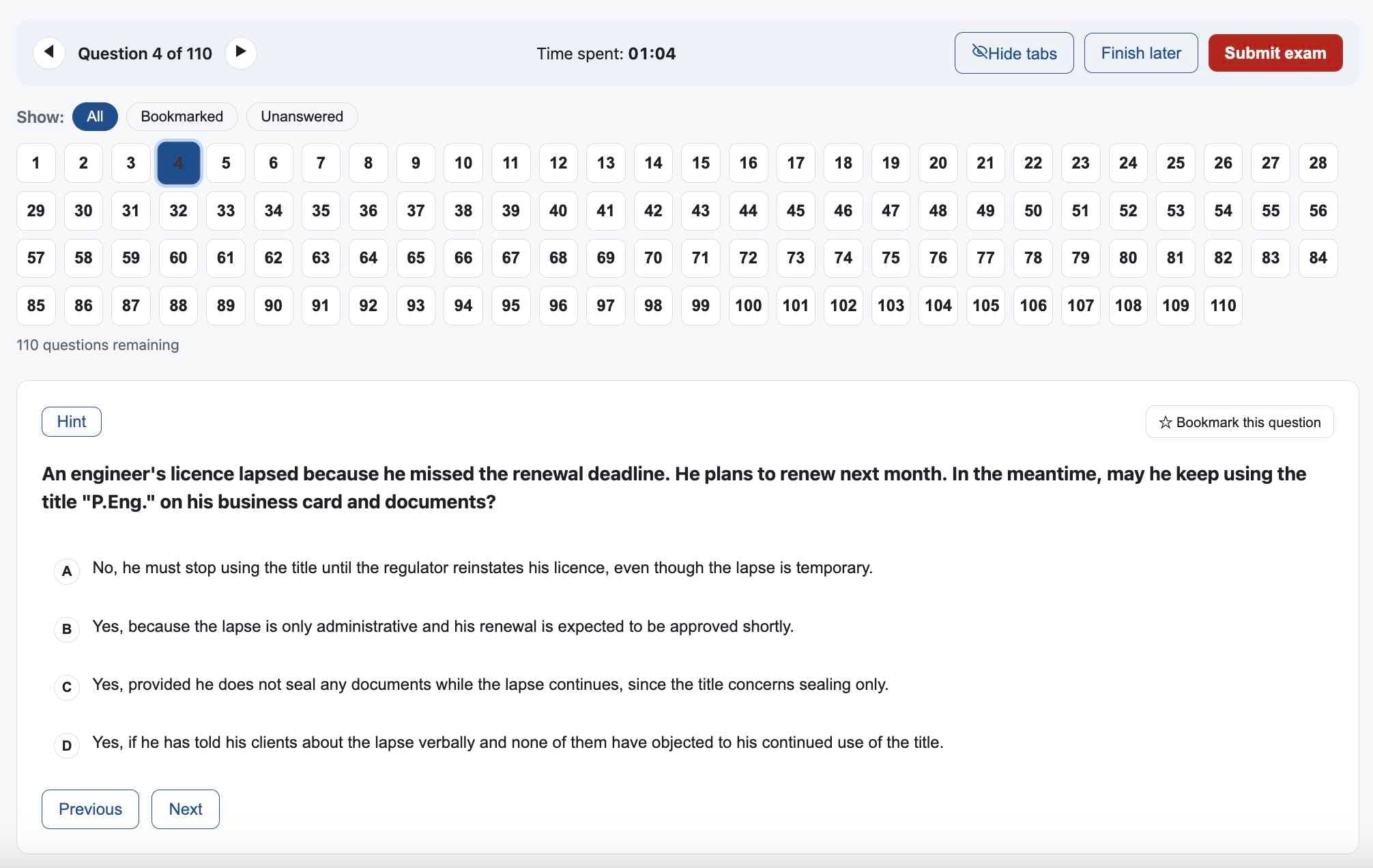 The practice exam question view, with a navigator, timer, and answer options